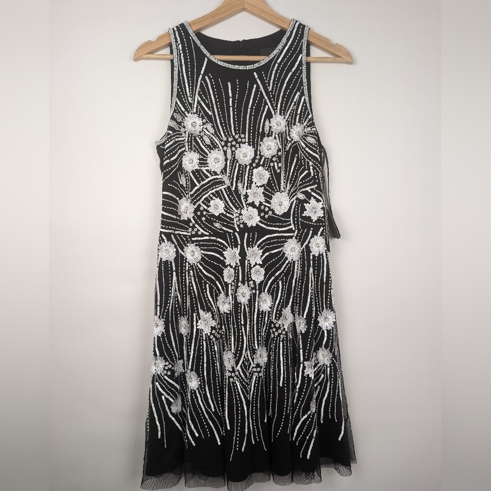 Adrianna Papell Beaded Halter Dress Black/White Women's Size 6 Floral Cocktail